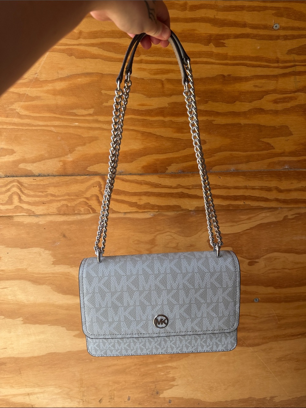 Michael Kors Light Gray Logo-Print Chain Shoulder Bag